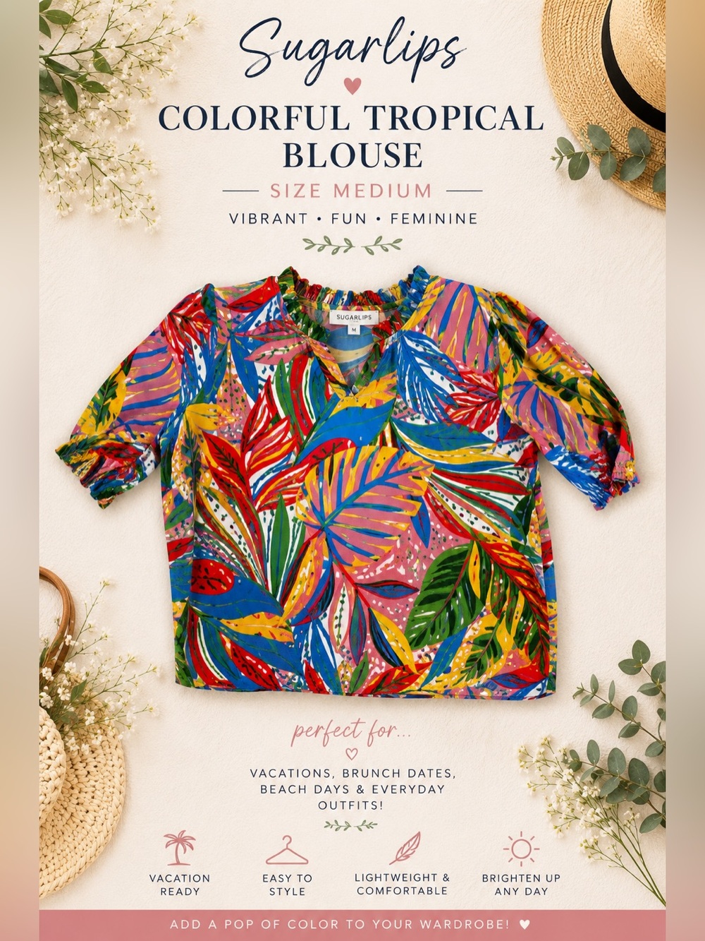 Sugarlips Colorful Tropical Print Puff Sleeve Blouse Women’s M
